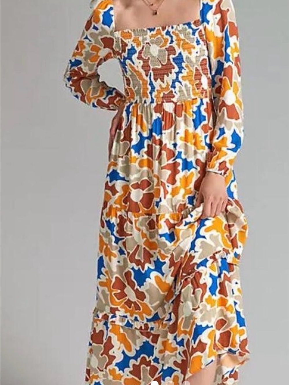 Anthropologie Dolan Cream Maxi Dress with Blue, Rust & Mustard‎ Abstract Floral